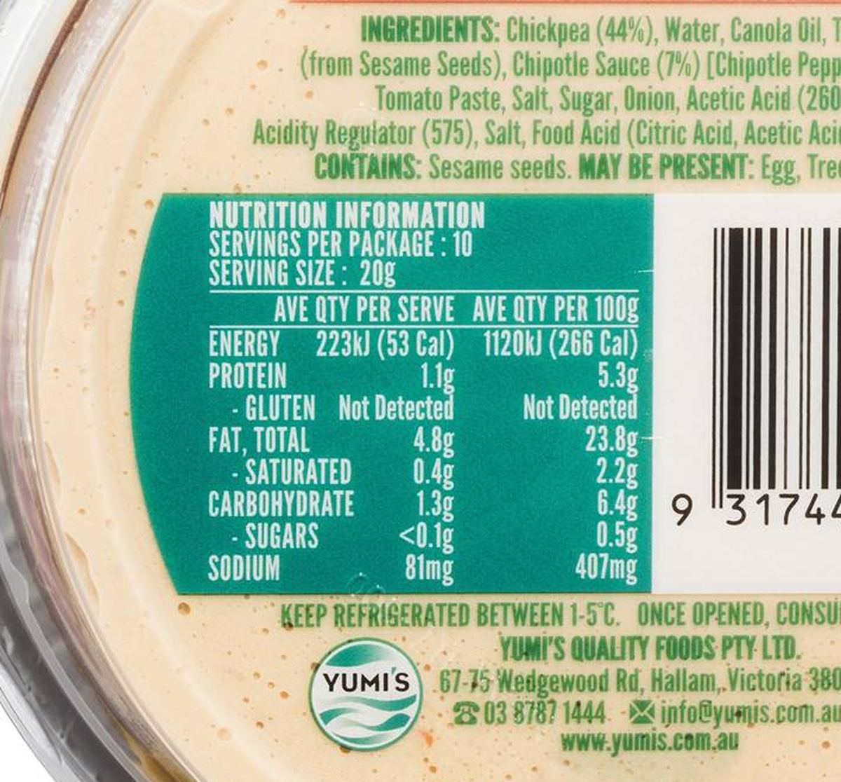 Pack photograph of Yumi's Chipotle Hommus Dip 200g showing the printed nutrition panel