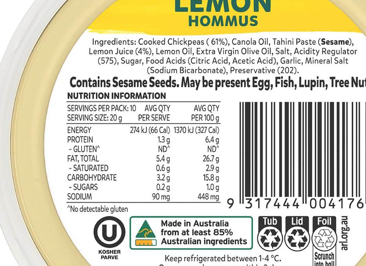 Pack photograph of Yumi's Hommus Zesty Lemon 200g showing the printed nutrition panel