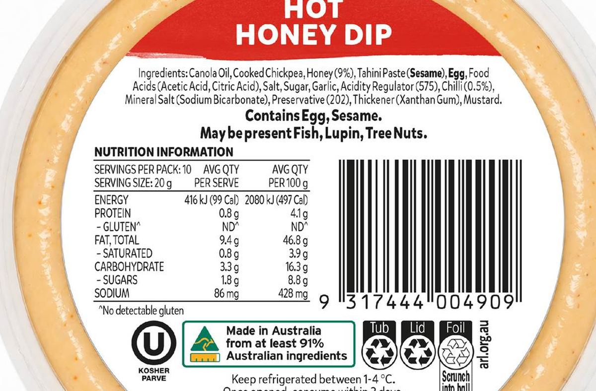 Pack photograph of Yumi's Hot Honey Dip 200g showing the printed nutrition panel