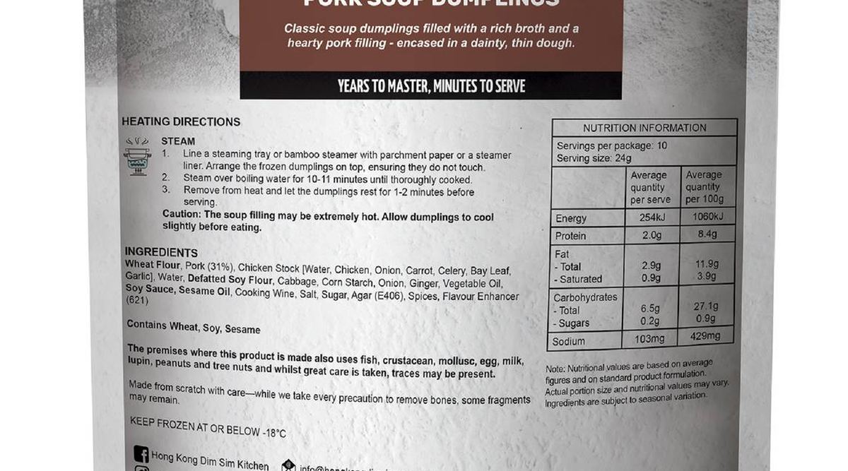 Pack photograph of Hong Kong Dim Sim Kitchen Dumplings Pork Soup 240g showing the printed nutrition panel