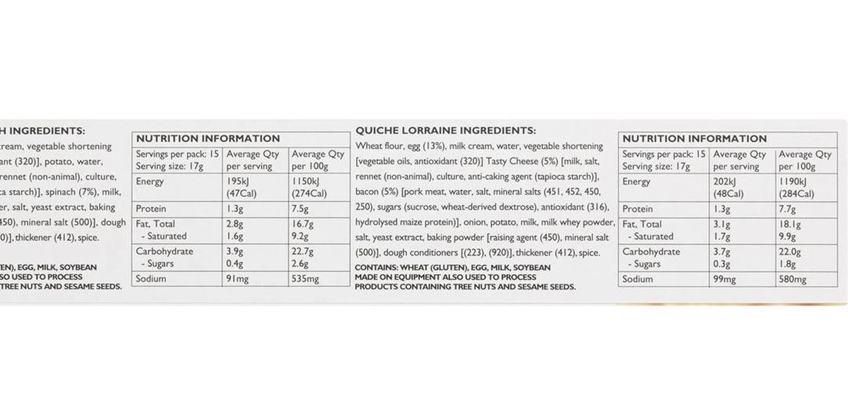 Pack photograph of Temptation Bakeries Petite Quiche 30 pack showing the printed nutrition panel