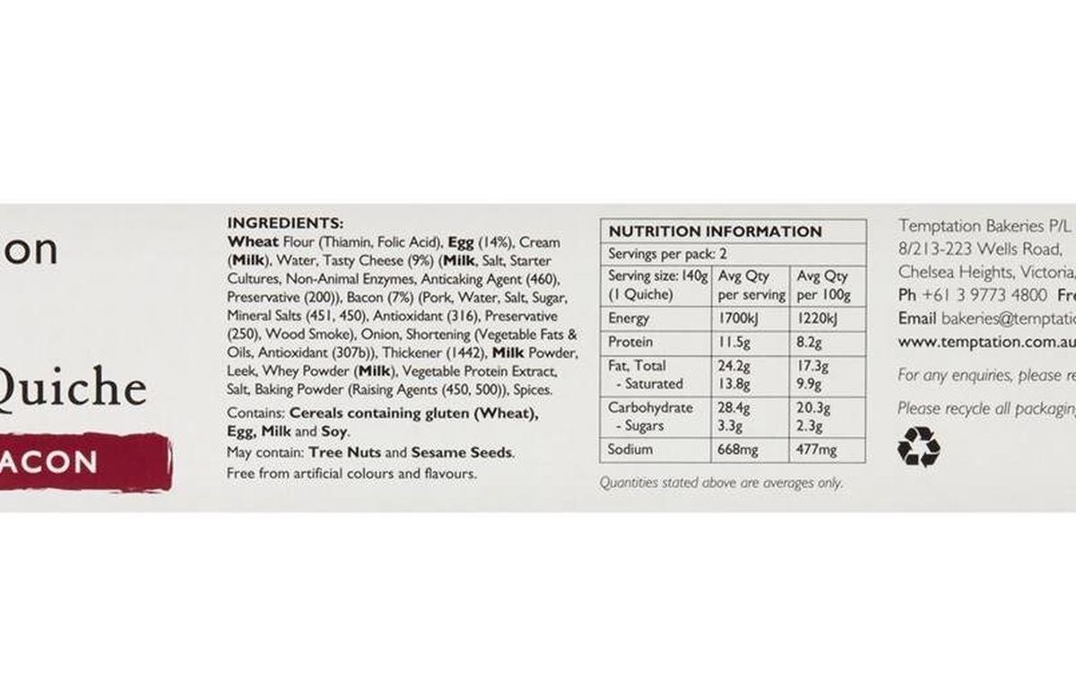 Pack photograph of Temptation Bakeries Quiche Tasty Cheese & Bacon 2 pack showing the printed nutrition panel