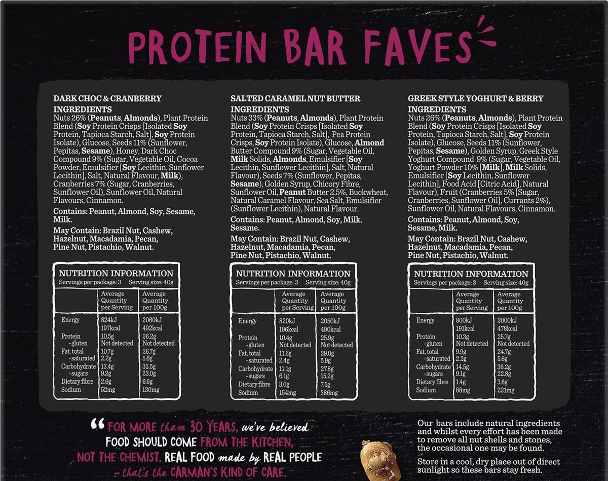 Pack photograph of Carman's Protein Bars Variety 9 pack showing the printed nutrition panel