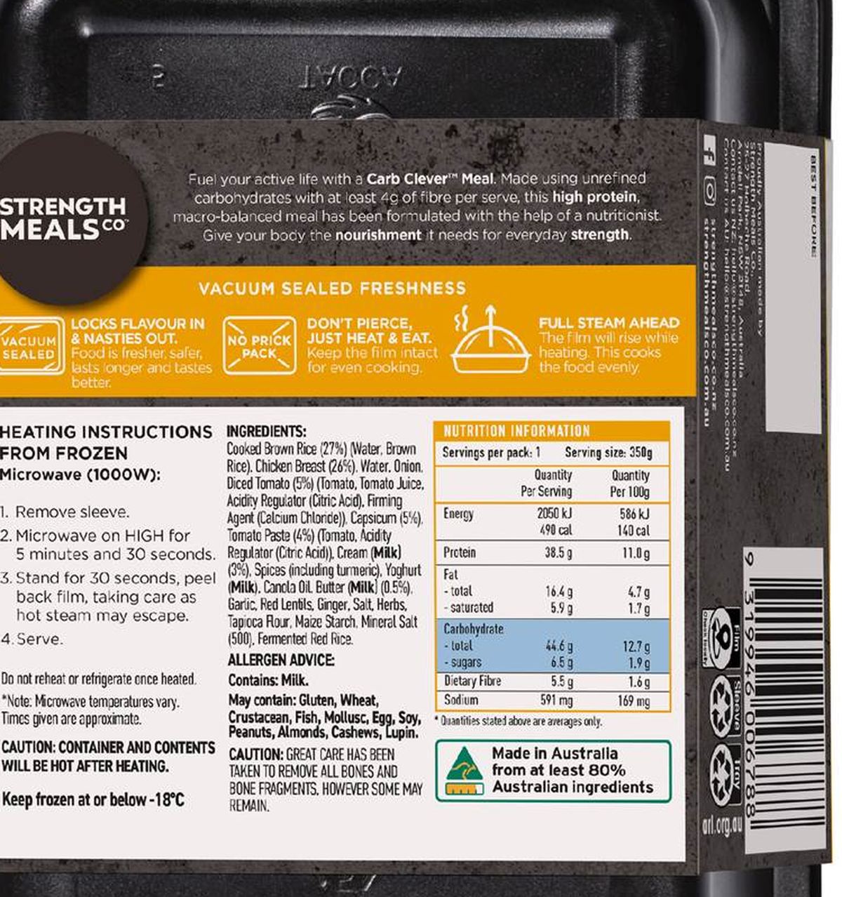 Pack photograph of Strength Meals Co Frozen Butter Chicken High Protein 350g showing the printed nutrition panel