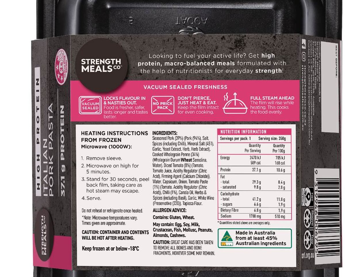Pack photograph of Strength Meals Co Frozen Italian Pork Pasta High Protein 350g showing the printed nutrition panel
