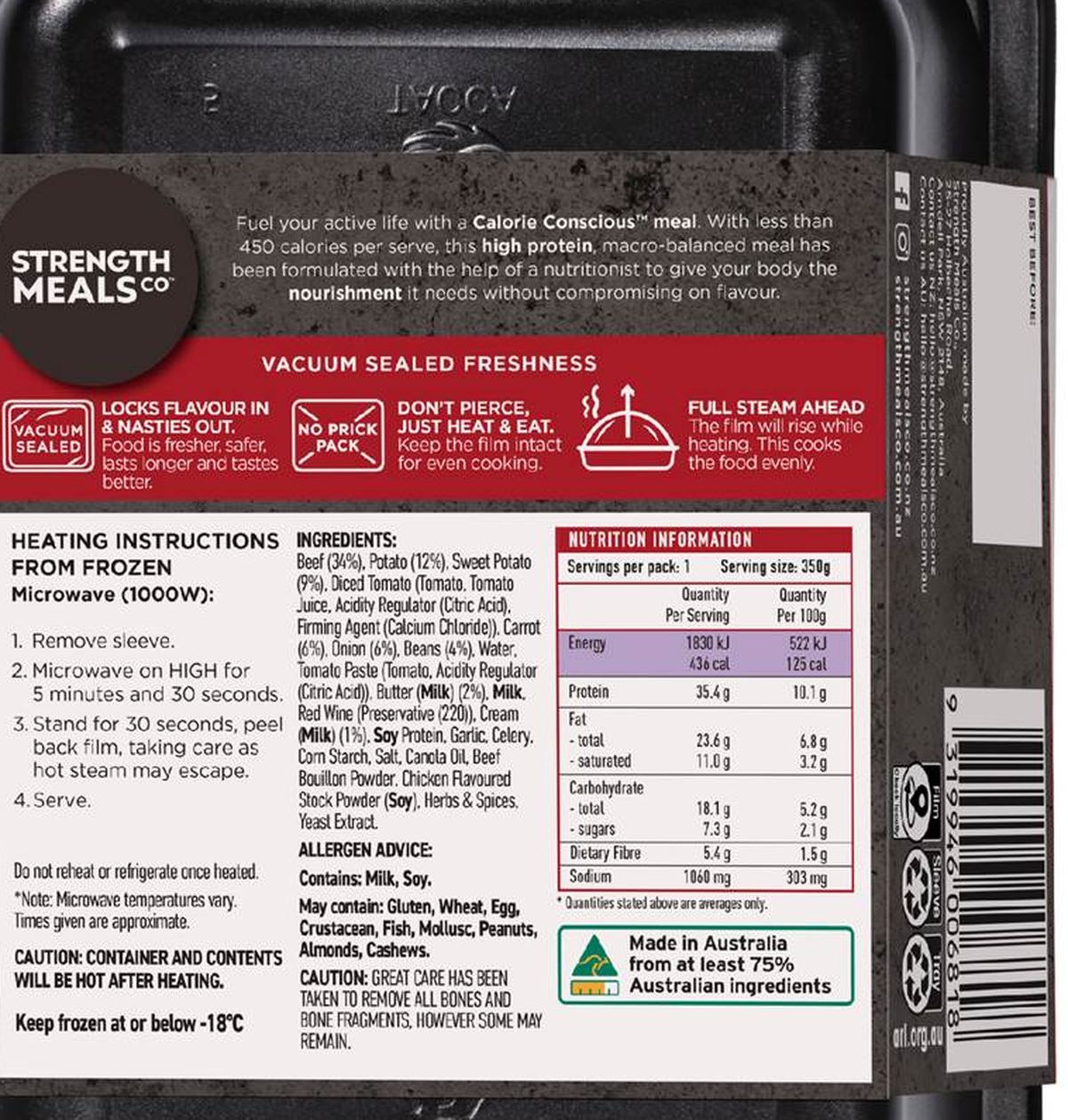 Pack photograph of Strength Meals Co Frozen Braised Beef Ragu & Mash High Protein 350g showing the printed nutrition panel