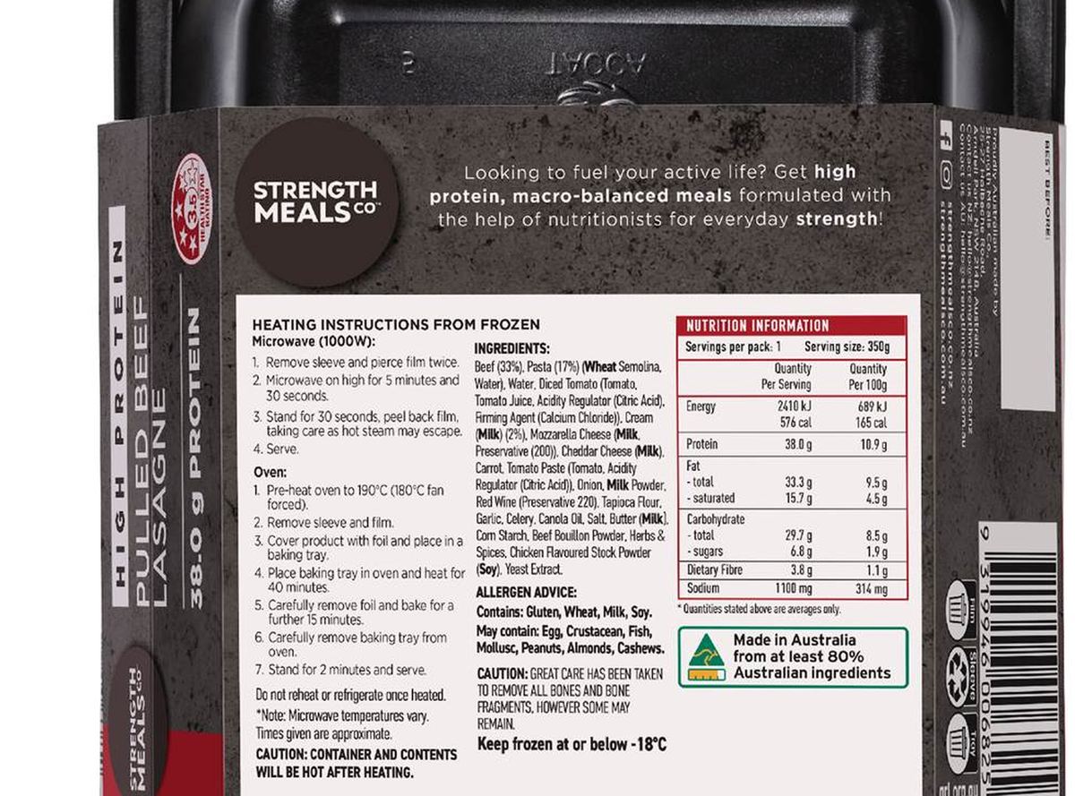 Pack photograph of Strength Meals Co Frozen Pulled Beef Lasagne High Protein 350g showing the printed nutrition panel