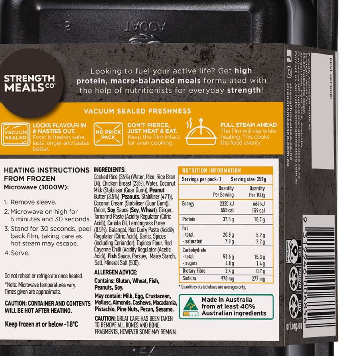 Pack photograph of Strength Meals Co Frozen Satay Chicken High Protein 350g showing the printed nutrition panel