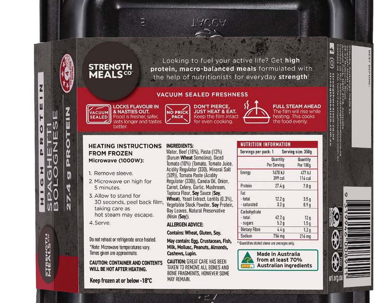 Pack photograph of Strength Meals Co Frozen Spaghetti Bolognese High Protein 350g showing the printed nutrition panel