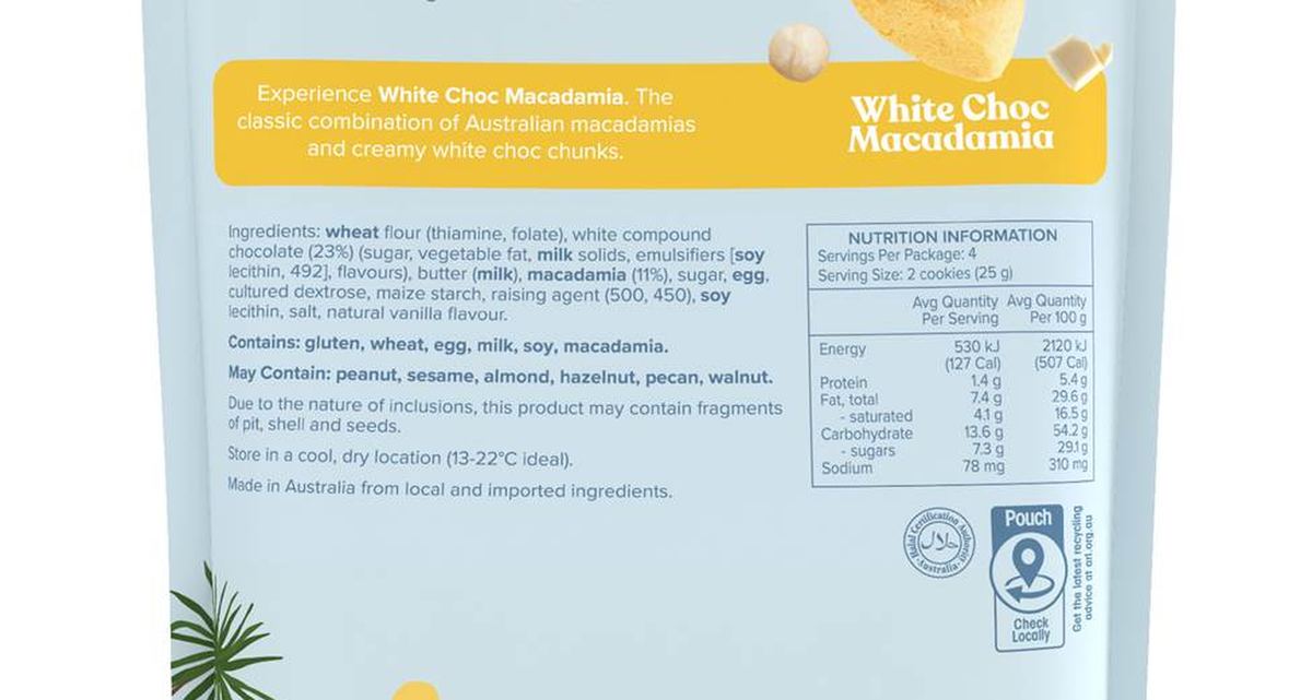 Pack photograph of Byron Bay Cookies White Choc Macadamia Cookie Bites 100g showing the printed nutrition panel