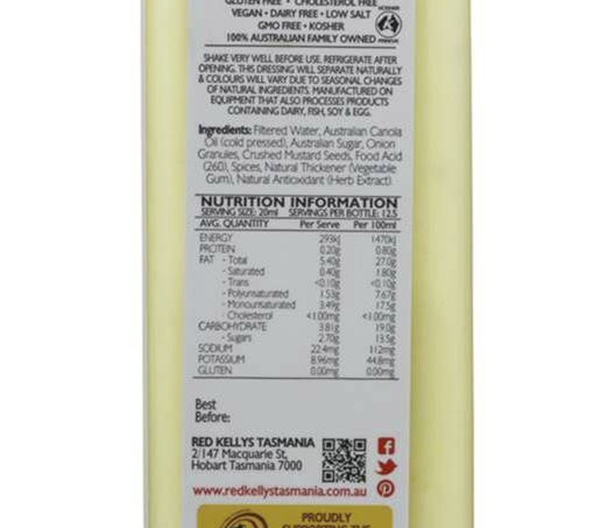Pack photograph of Red Kellys Dressings Traditional 250mL showing the printed nutrition panel