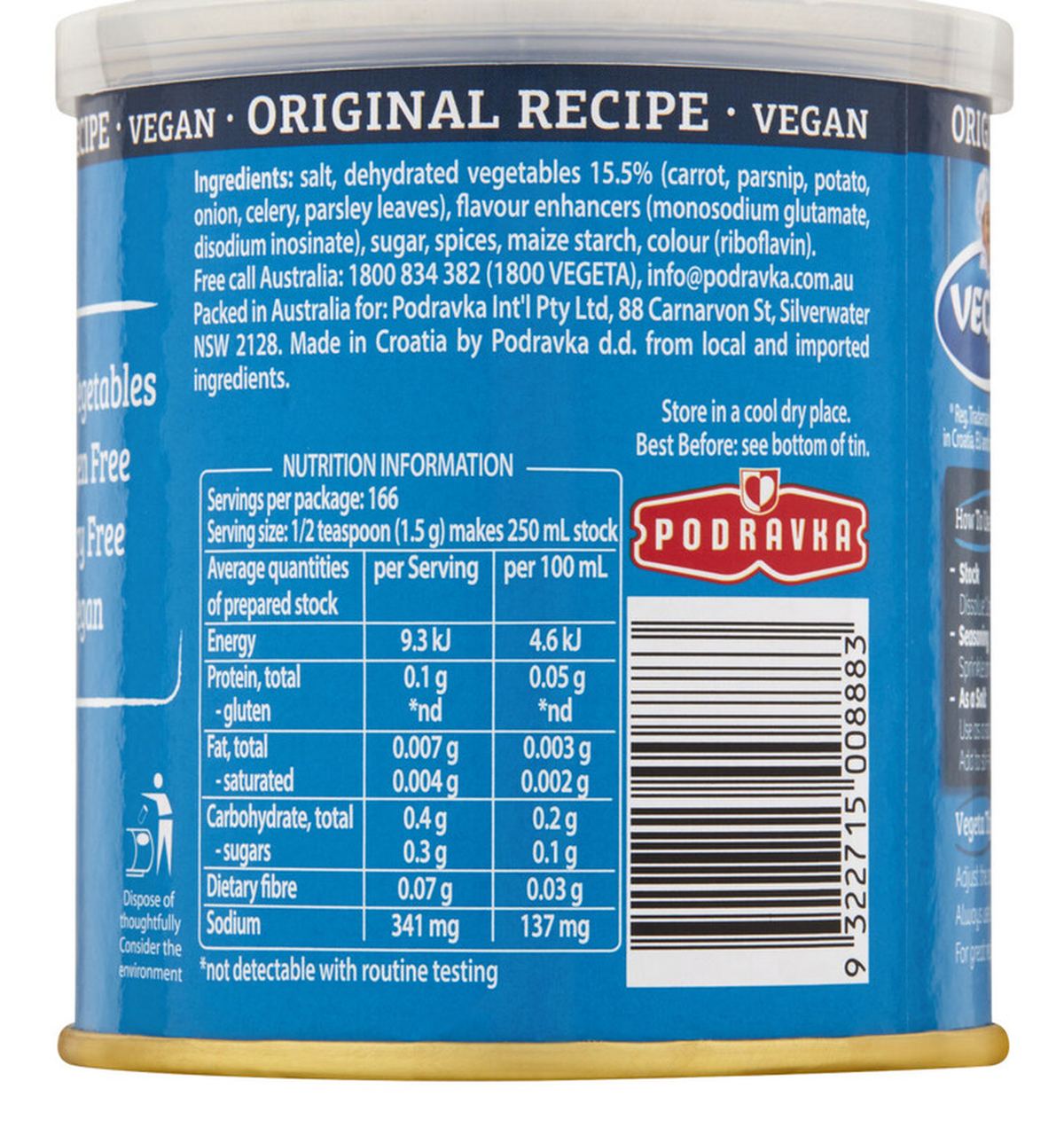 Pack photograph of Vegeta Vegetable Gourmet Stock Powder 250g showing the printed nutrition panel
