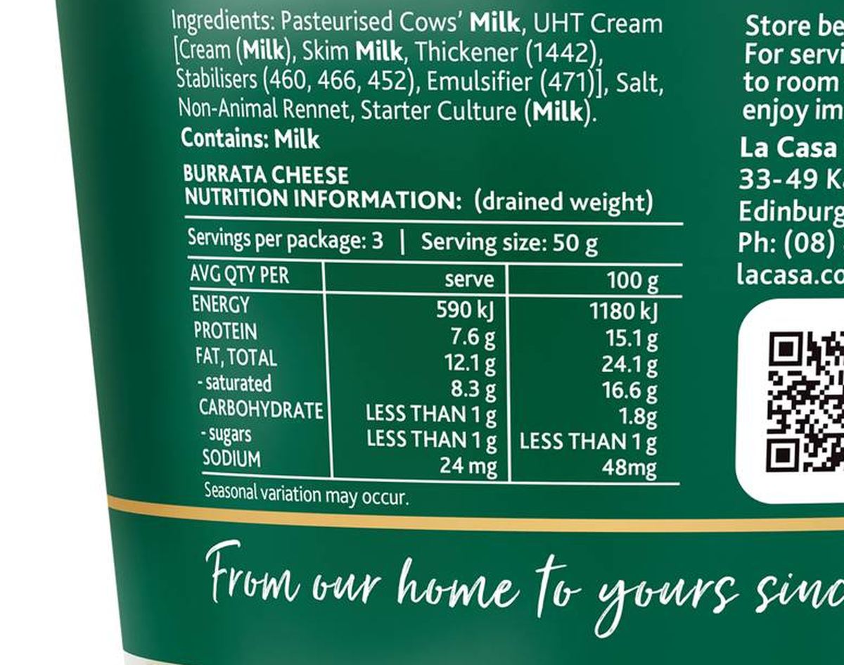 Pack photograph of La Casa Del Formaggio Burrata 150g showing the printed nutrition panel