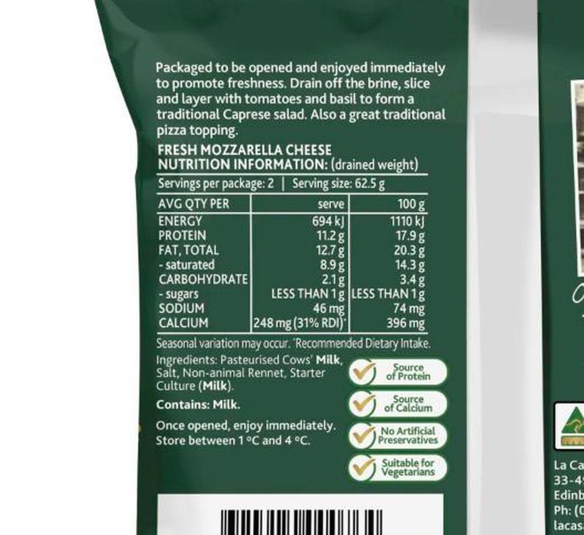 Pack photograph of La Casa Del Formaggio Fresh Mozzarella 125g showing the printed nutrition panel