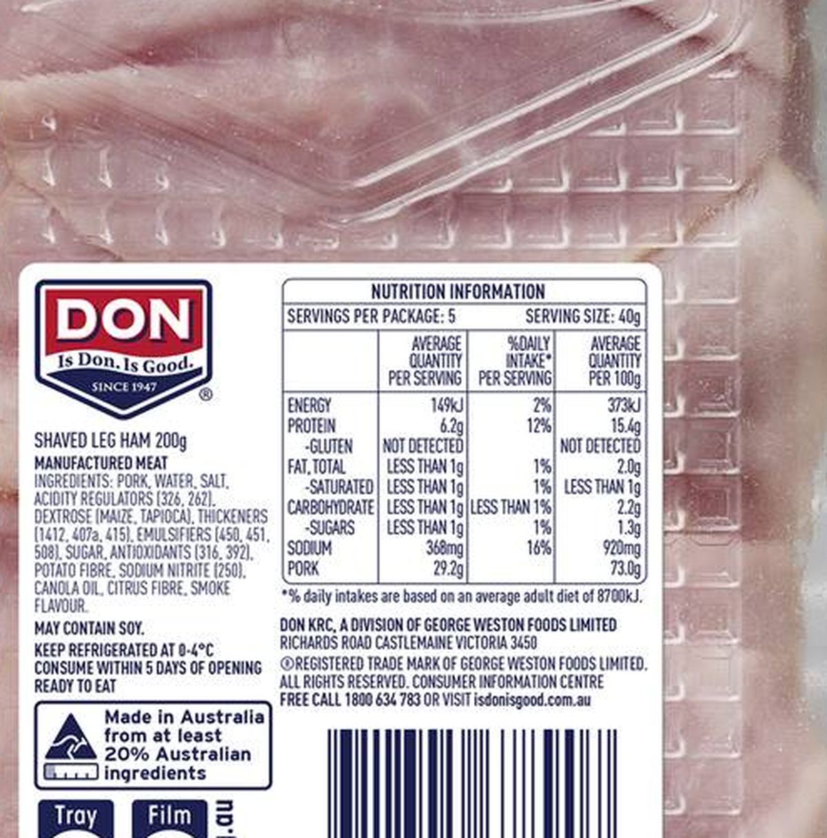 Pack photograph of Don Leg Ham Shaved 200g showing the printed nutrition panel