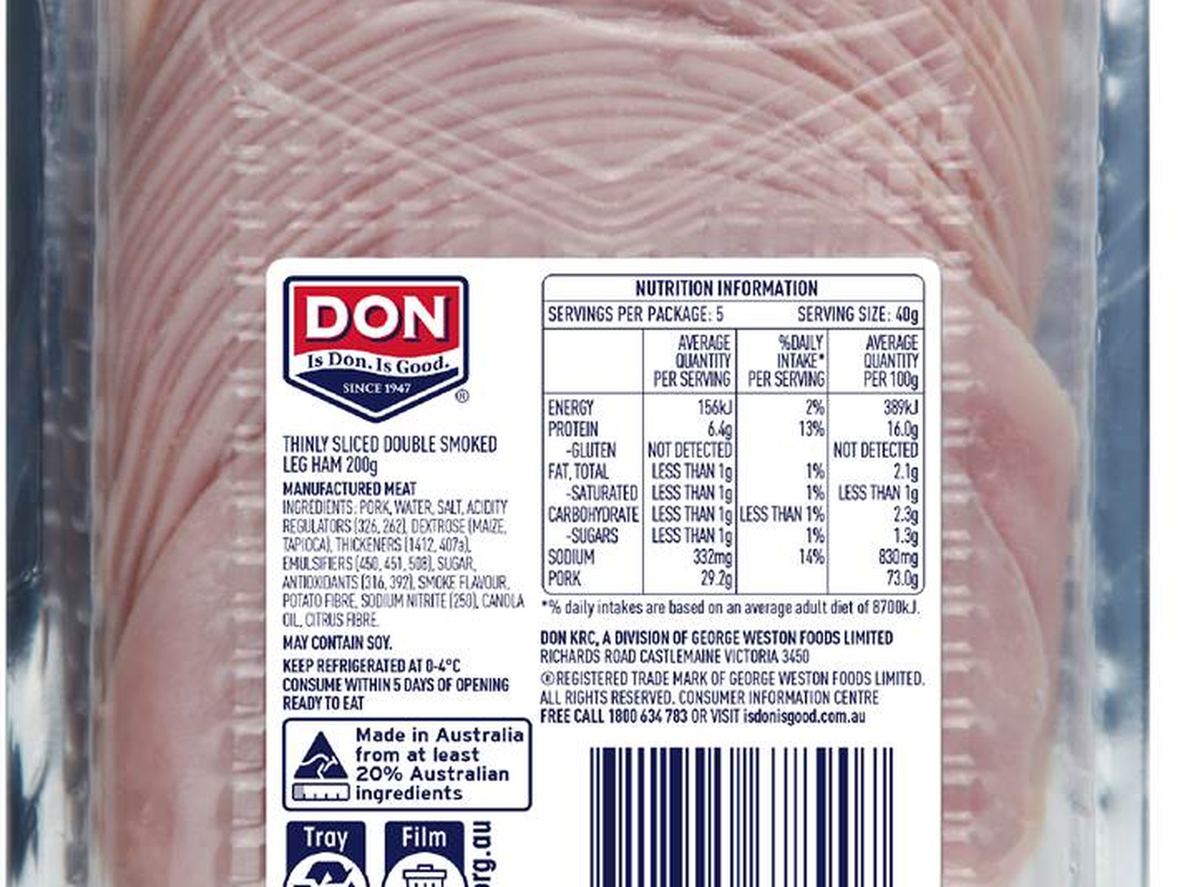 Pack photograph of Don Double Smoked Leg Ham 200g showing the printed nutrition panel