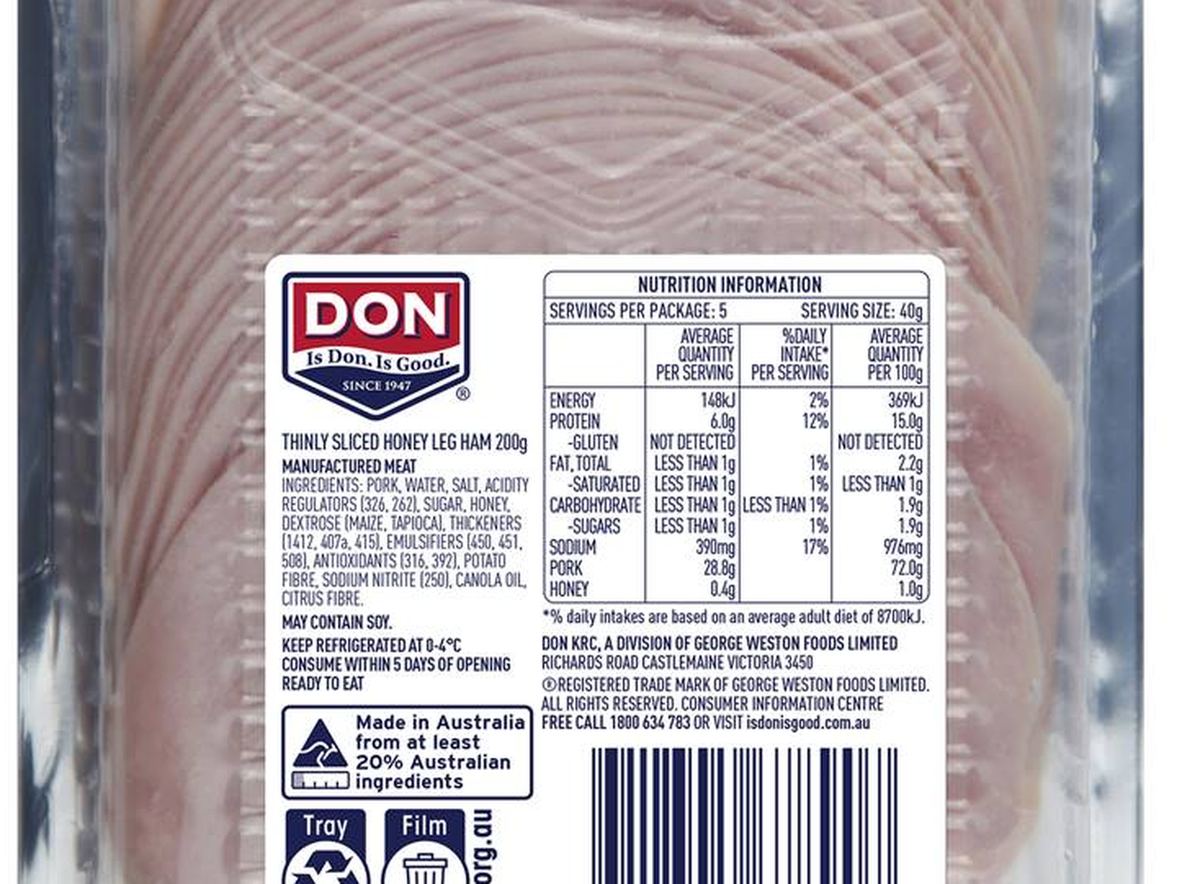 Pack photograph of Don Thinly Sliced Honey Leg Ham 200g showing the printed nutrition panel
