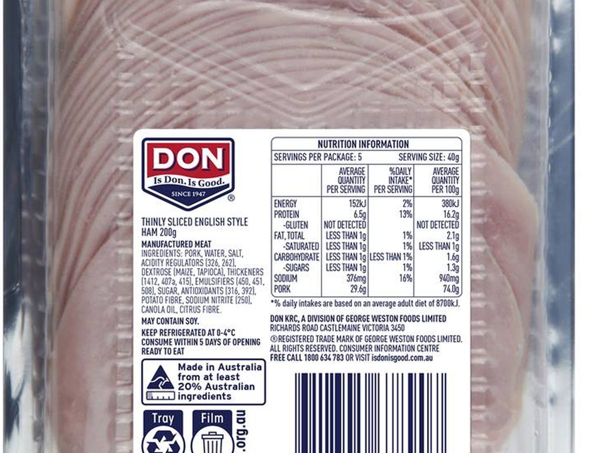 Pack photograph of Don Thinly Sliced English Ham 200g showing the printed nutrition panel