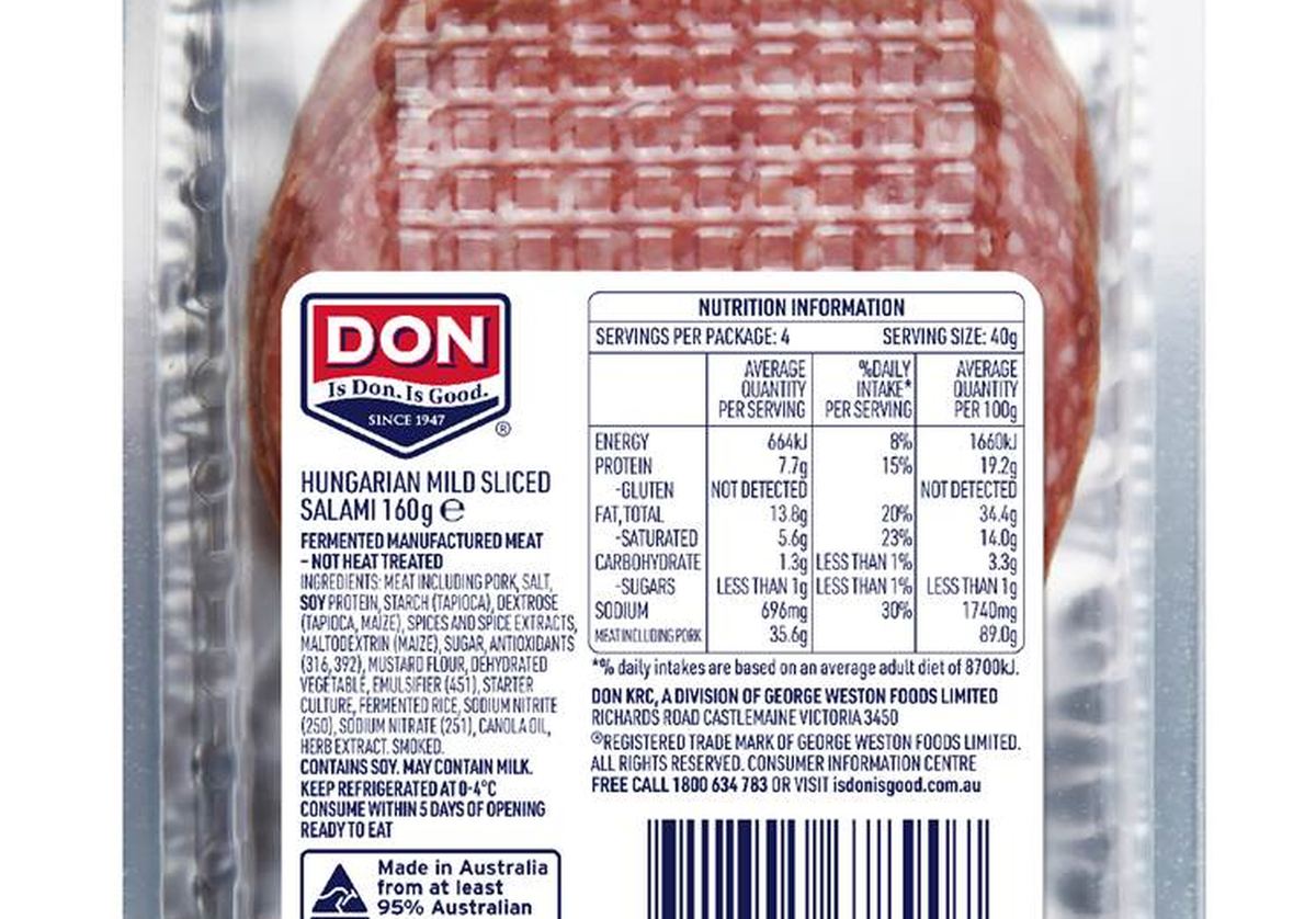 Pack photograph of Don Hungarian Salami 160g showing the printed nutrition panel