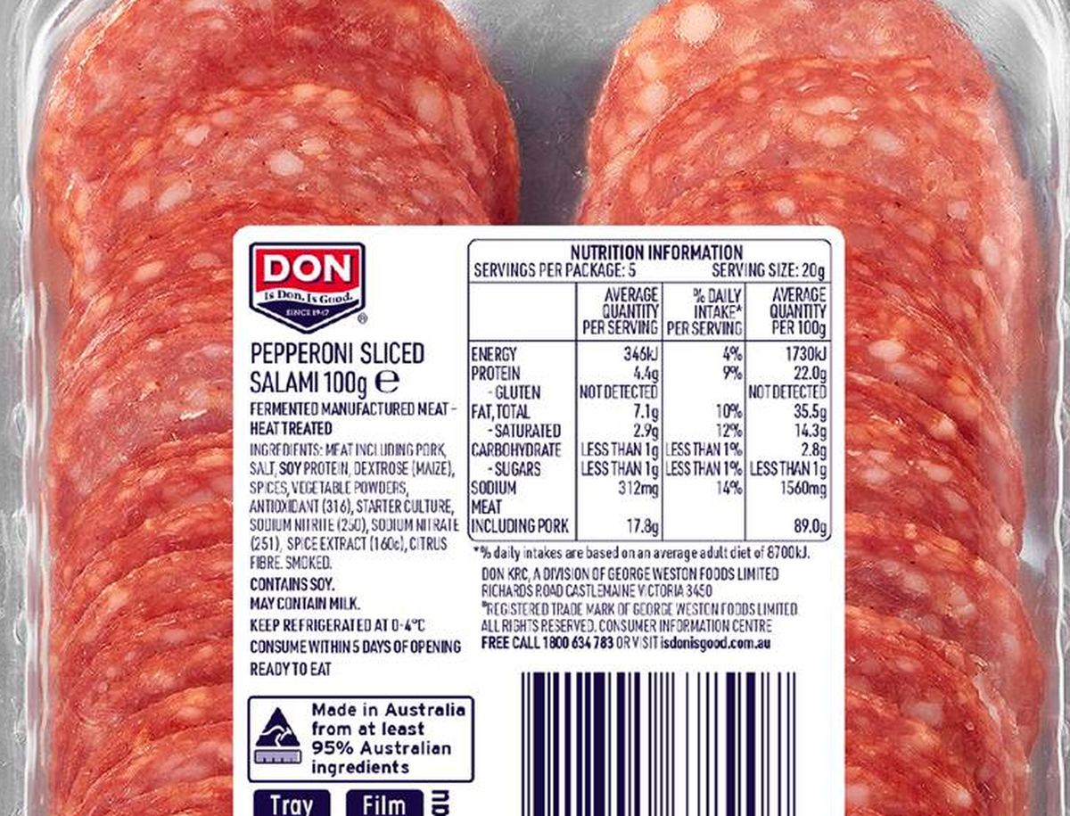 Pack photograph of Don Salami Sliced Pepperoni 100g showing the printed nutrition panel