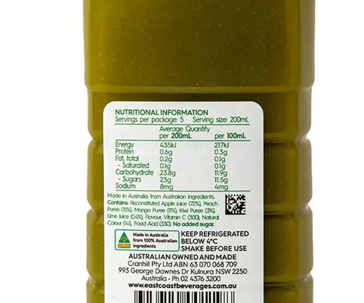 Pack photograph of Eastcoast Jive Kiwi Peach Mango & Applie Smoothie 1L showing the printed nutrition panel