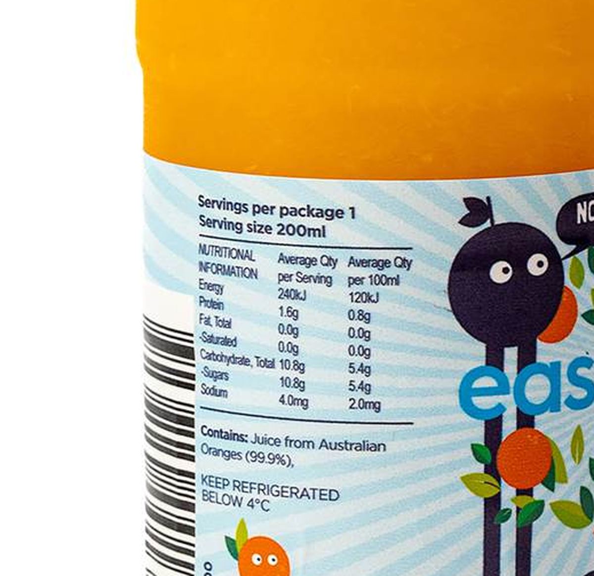 Pack photograph of Eastcoast Mini Orange Juice 200mL showing the printed nutrition panel