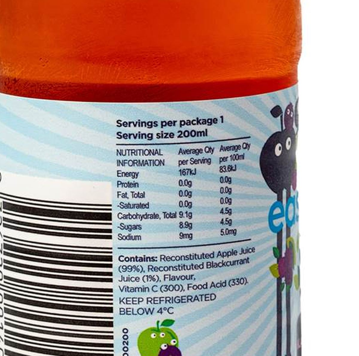 Pack photograph of Eastcoast Mini Apple & Blackcurrant Juice 200mL showing the printed nutrition panel