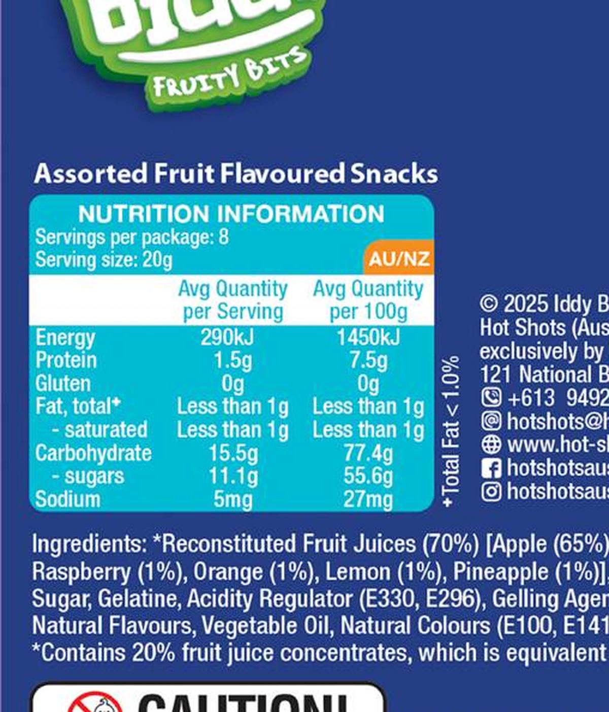 Pack photograph of Iddy Biddy Fruit Snacks Assorted 8 pack showing the printed nutrition panel
