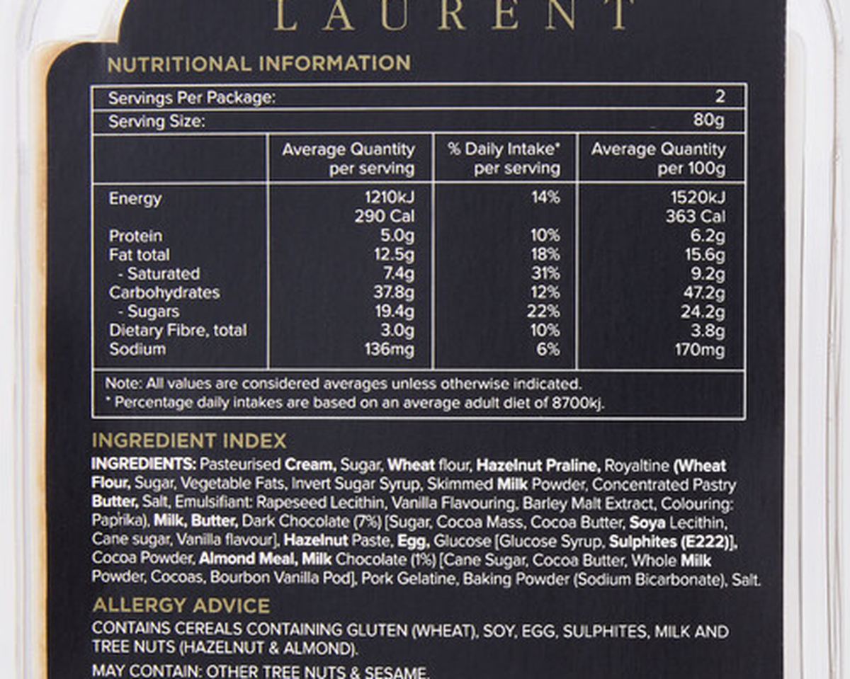 Pack photograph of Laurent Patisserie Chocolate Tart showing the printed nutrition panel