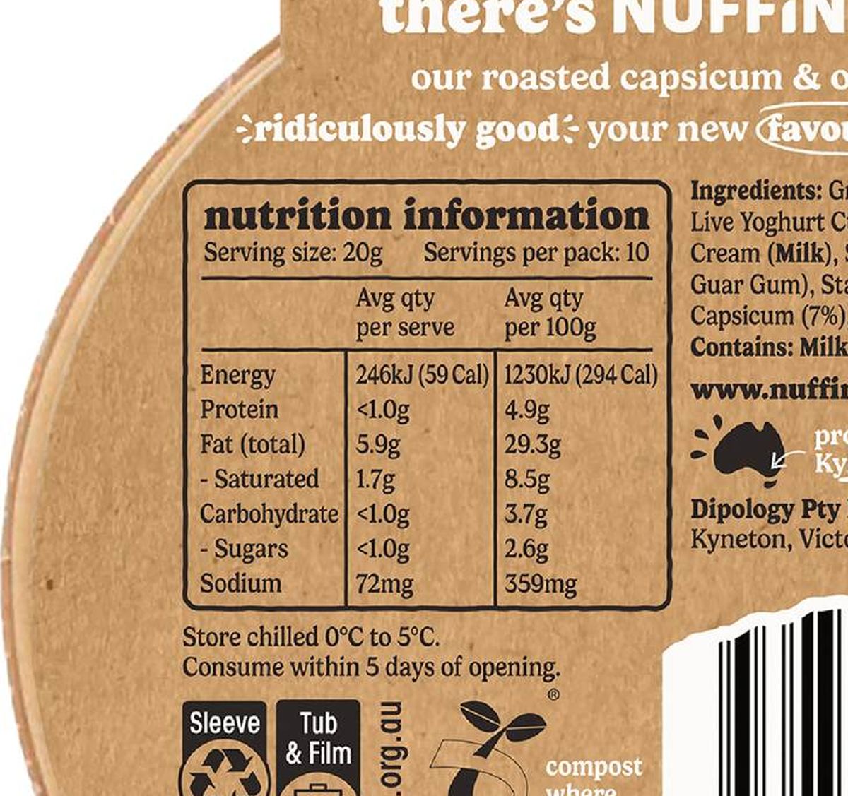 Pack photograph of Nuffin Capsicum & Onion Dip 200g showing the printed nutrition panel
