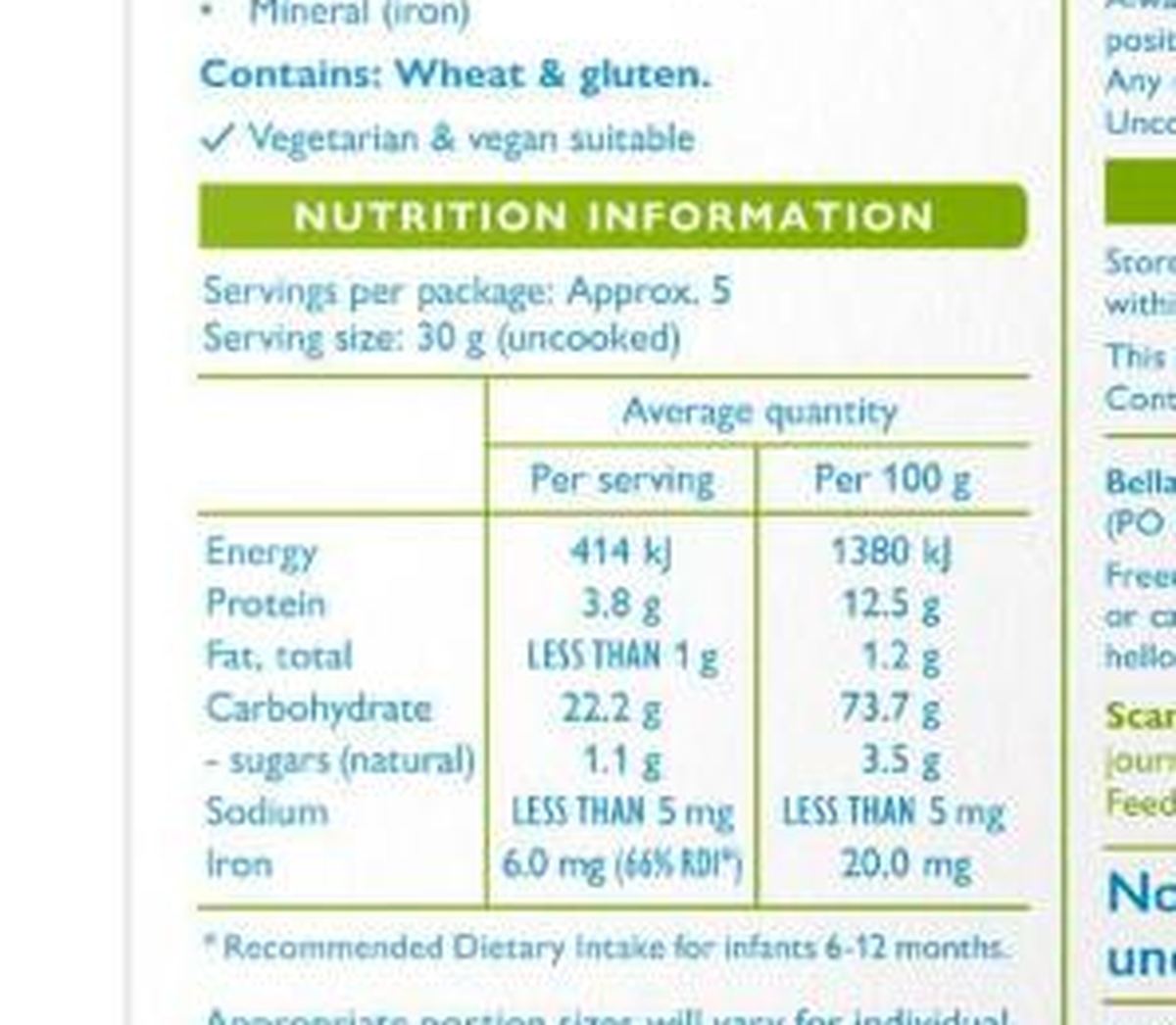 Pack photograph of Bellamy's Organic Farm Animal Pasta Shapes showing the printed nutrition panel