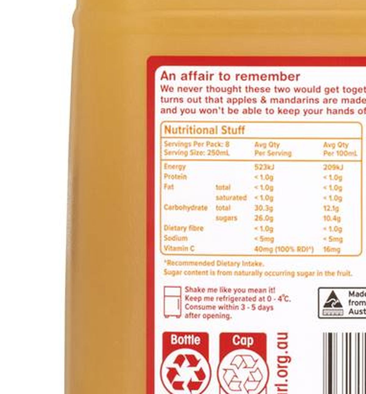 Pack photograph of Nudie Nothing But Apple & Mandarin Juice 2L showing the printed nutrition panel