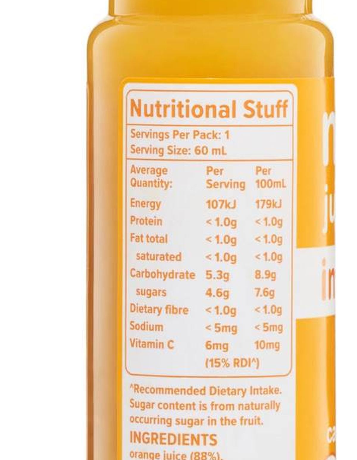 Pack photograph of Nudie Juice Shot Immunity 60mL showing the printed nutrition panel