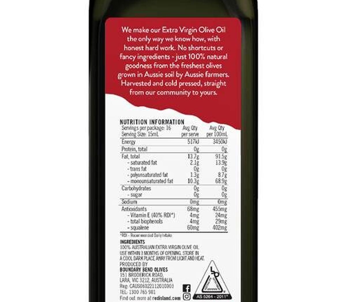 Pack photograph of Red Island Extra Virgin Olive Oil Extra Virgin 250mL showing the printed nutrition panel