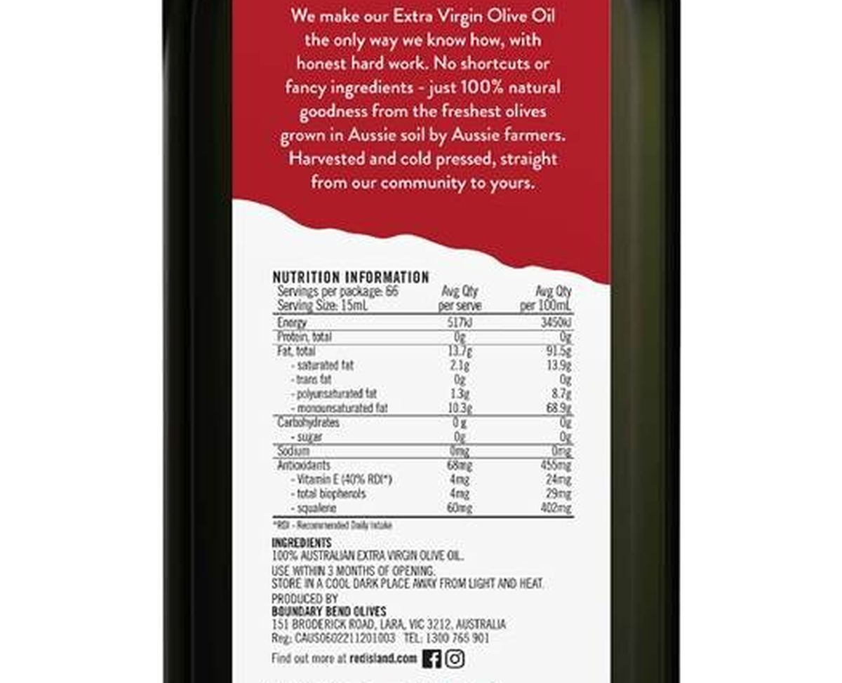 Pack photograph of Red Island Extra Virgin Olive Oil Cold Pressed 1L showing the printed nutrition panel
