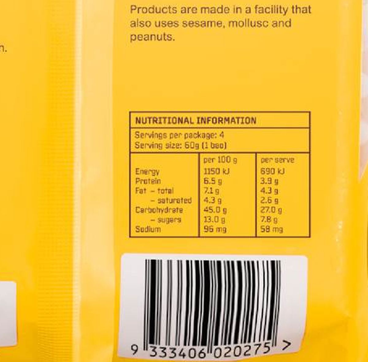 Pack photograph of Tak Hing Egg Custard Bao 4 pack showing the printed nutrition panel