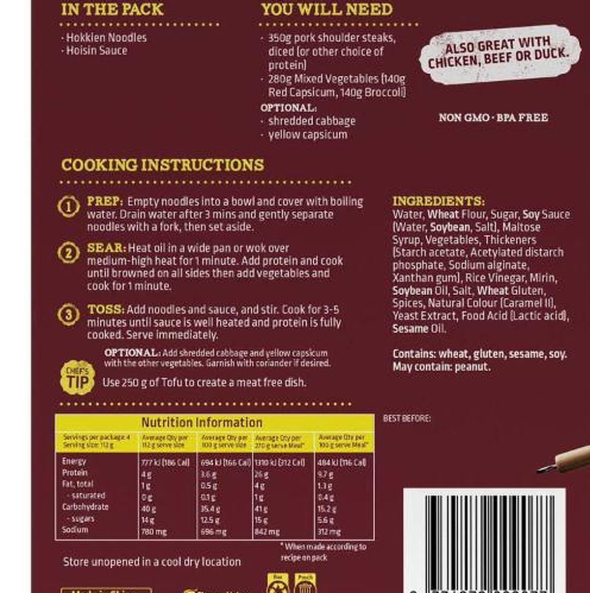 Pack photograph of Street Kitchen Stirfry Noodle Kit Chinese Hoisin & Garlic showing the printed nutrition panel
