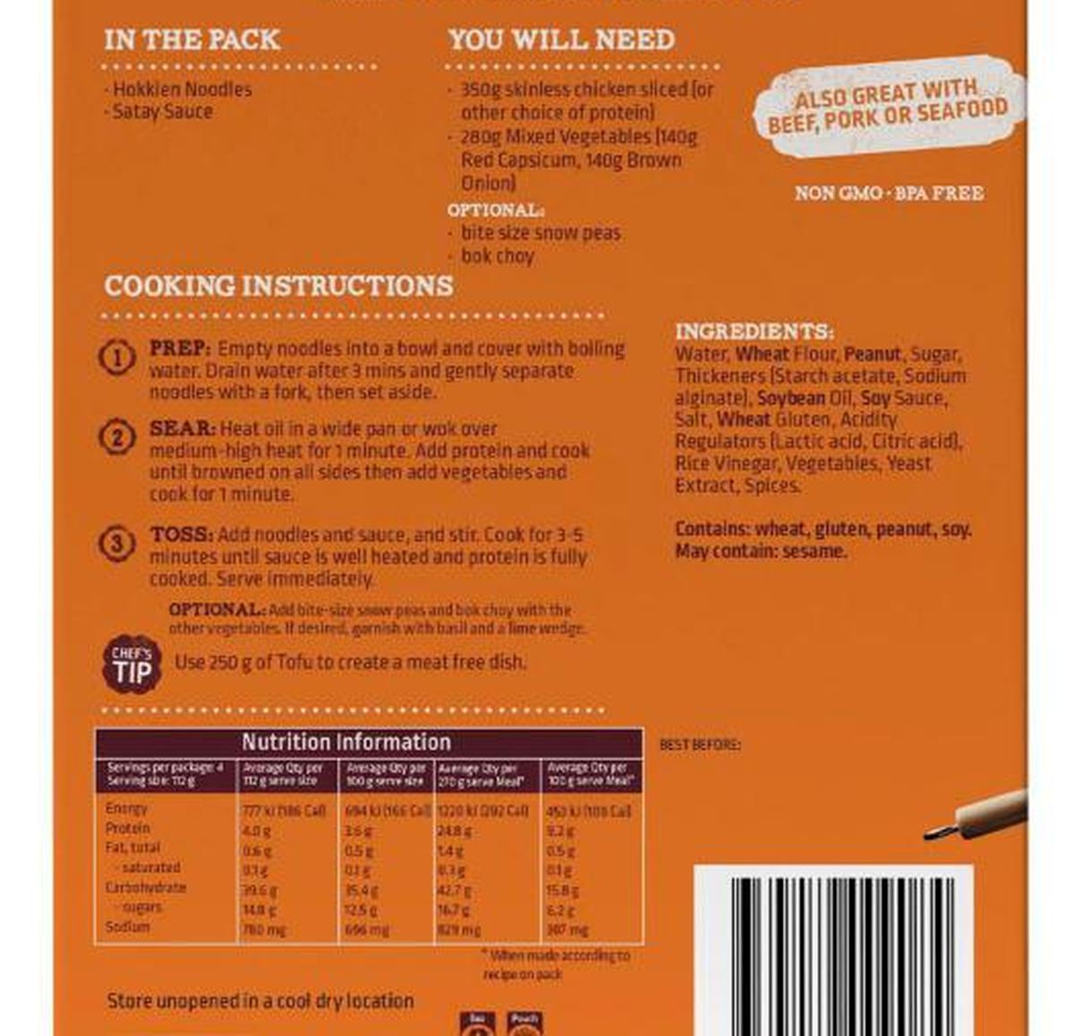 Pack photograph of Street Kitchen Stirfry Noodle Kit Malaysian Satay showing the printed nutrition panel