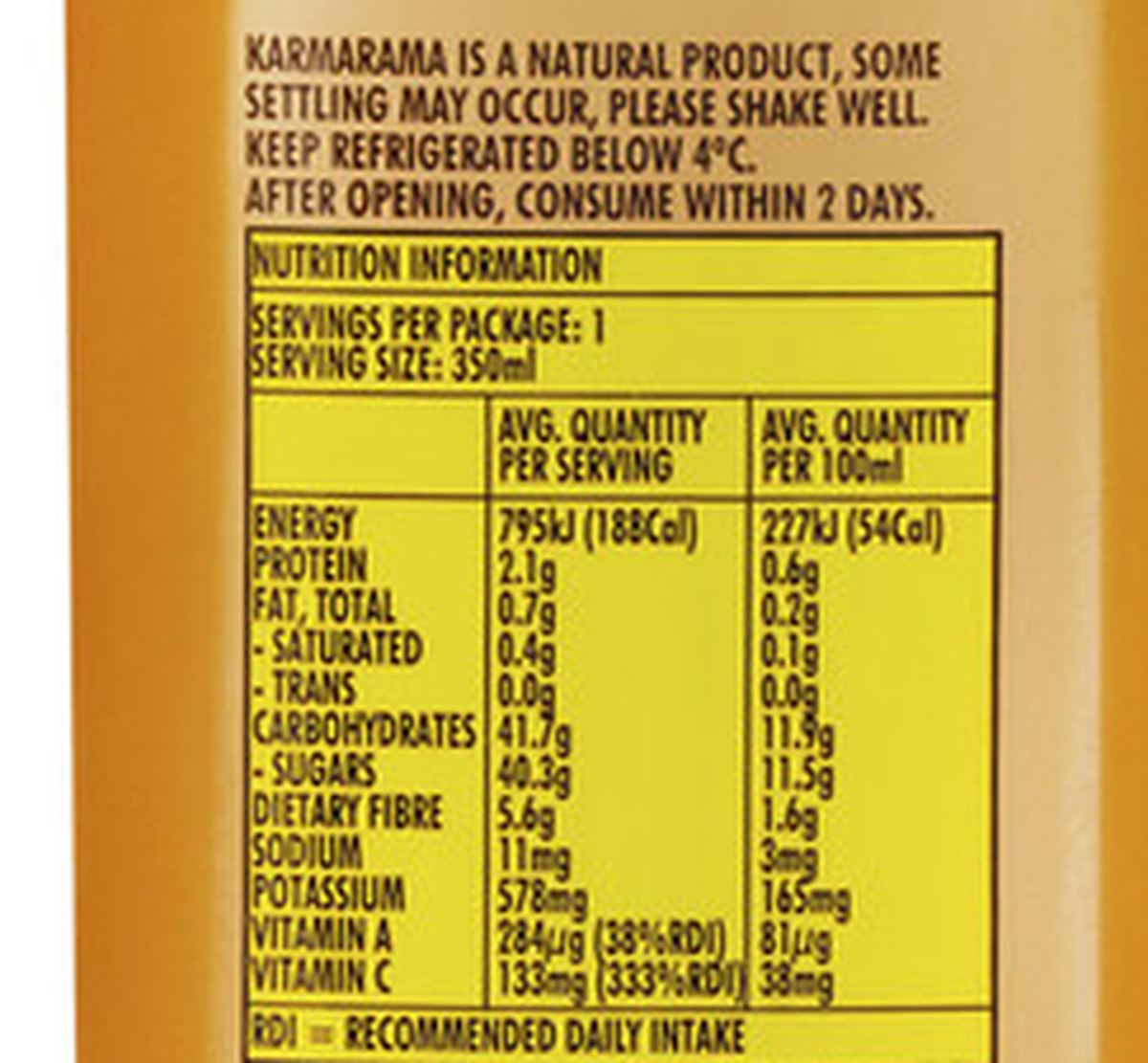Pack photograph of Emma & Tom's Juice Drink Karmarama showing the printed nutrition panel