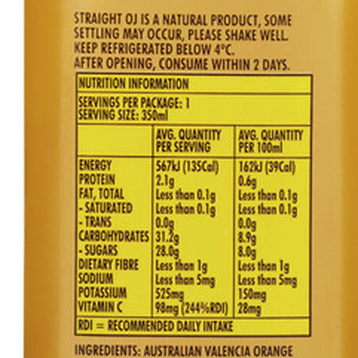 Pack photograph of Emma & Tom's Juice Drink Straight Oj showing the printed nutrition panel