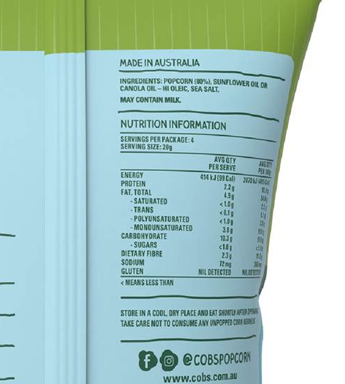Pack photograph of Cobs Popcorn Sea Salt Gluten Free 80g showing the printed nutrition panel