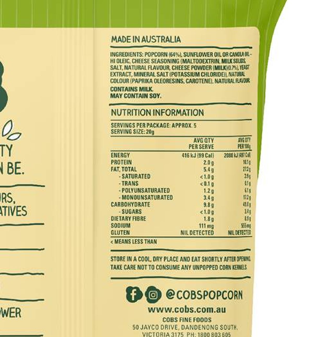 Pack photograph of Cobs Natural Popcorn Cheddar Cheese 100g showing the printed nutrition panel