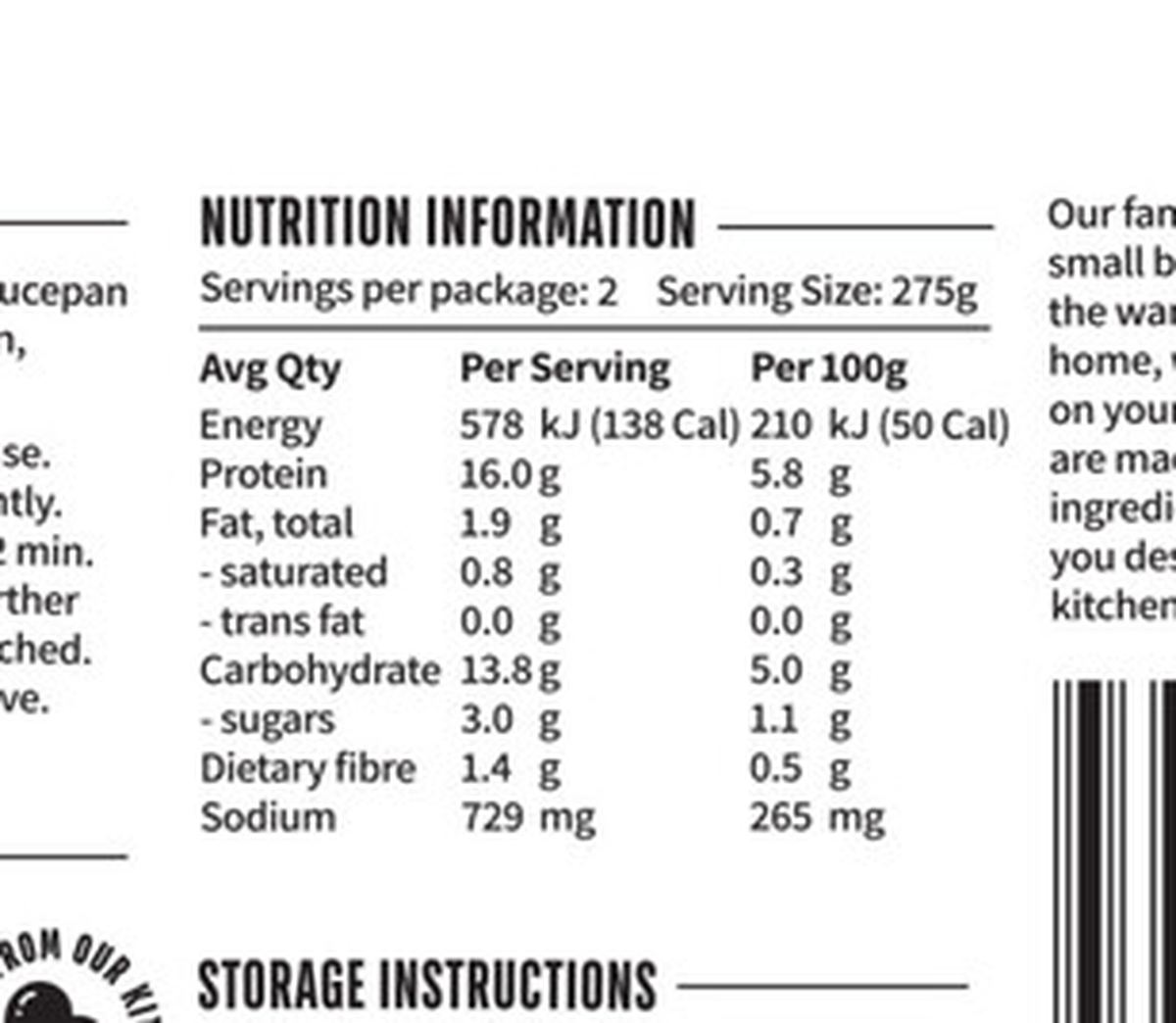 Pack photograph of Dari's Beef & Barley Soup showing the printed nutrition panel