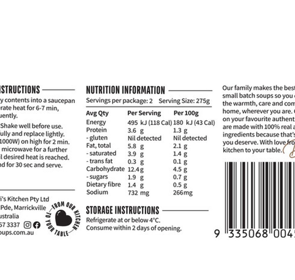 Pack photograph of Dari's Creamy Mushroom Soup showing the printed nutrition panel