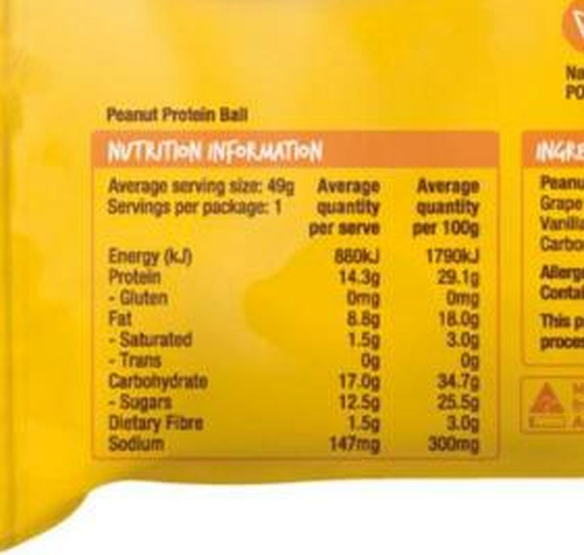 Pack photograph of Bounce Natural Energy Ball Peanut 49g showing the printed nutrition panel