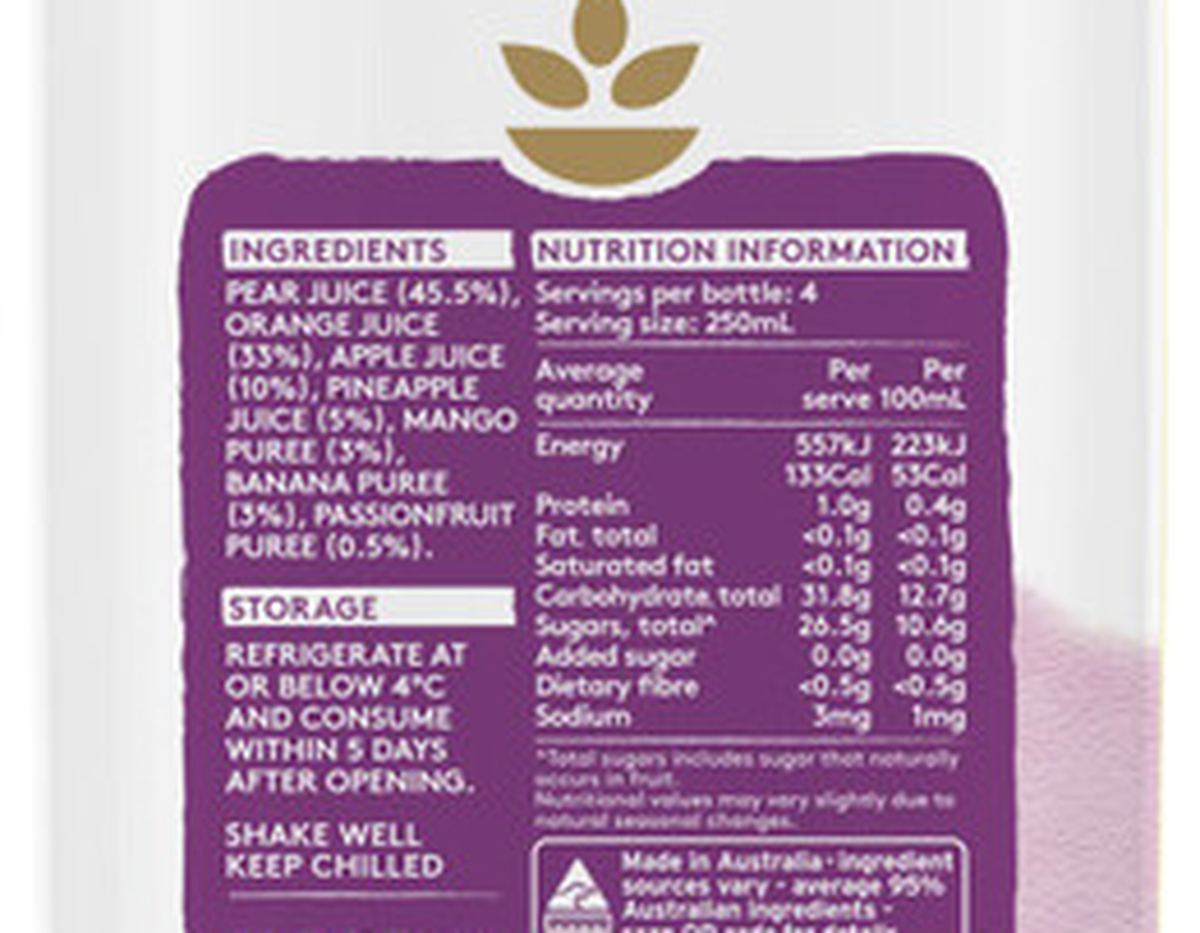 Pack photograph of Impressed Pressed Juice Tropical Breakfast 1L showing the printed nutrition panel