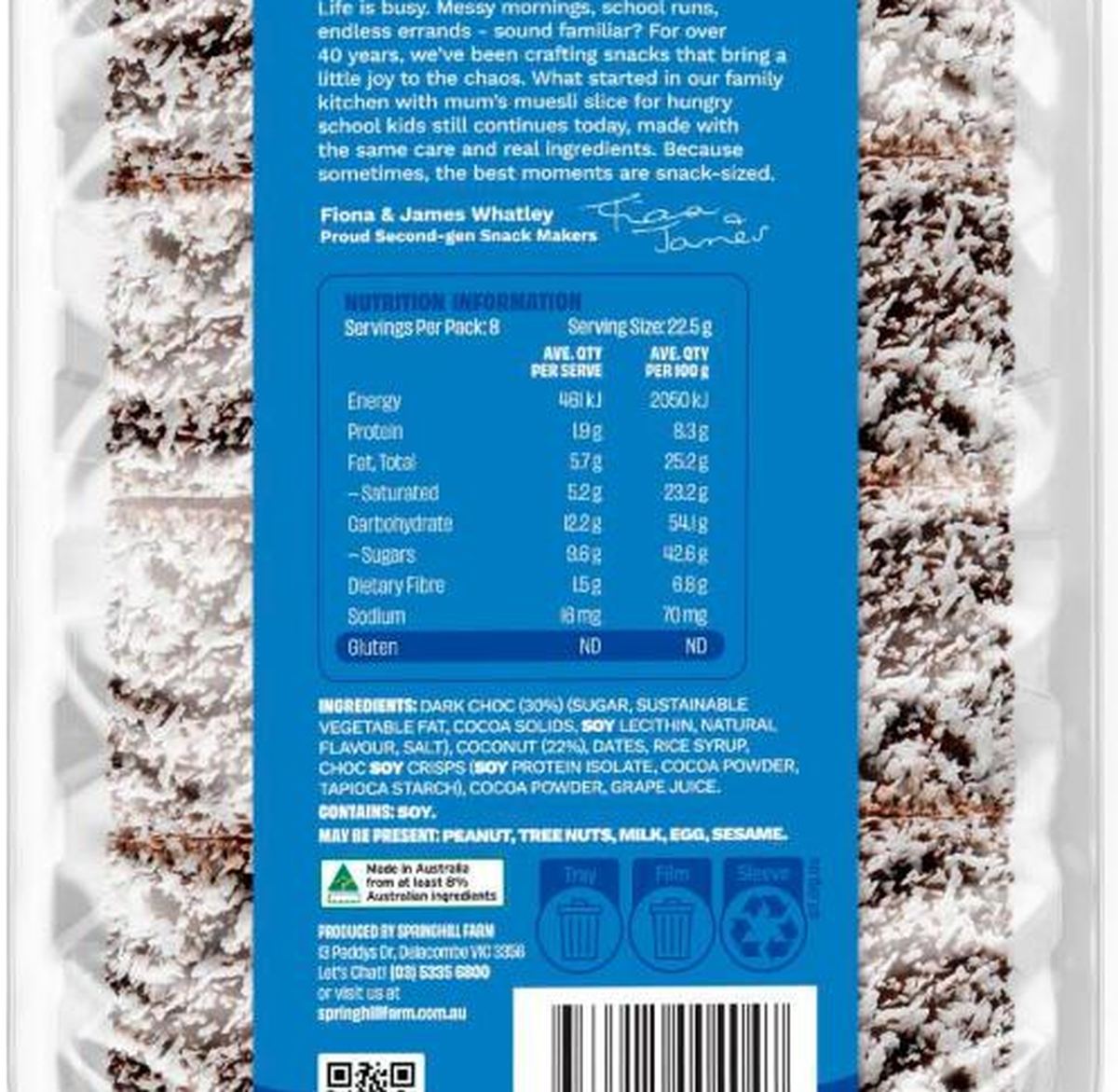 Pack photograph of Springhill Farm Choc Coconut Slice showing the printed nutrition panel