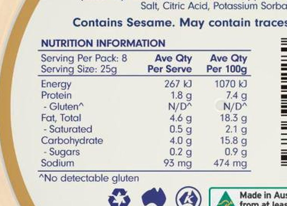 Pack photograph of Tahini Neri Dip Hummus Spicy showing the printed nutrition panel