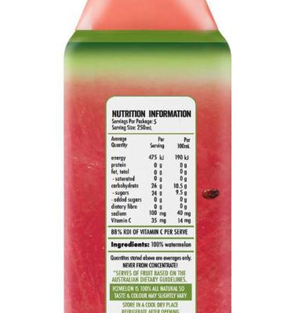 Pack photograph of H2juice Watermelon Juice 1.25L showing the printed nutrition panel