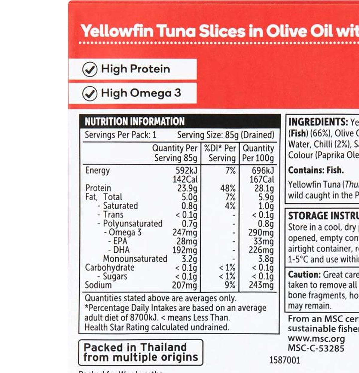 Pack photograph of Woolworths Yellowfin Tuna Slices In Olive Oil With Chilli 125g showing the printed nutrition panel